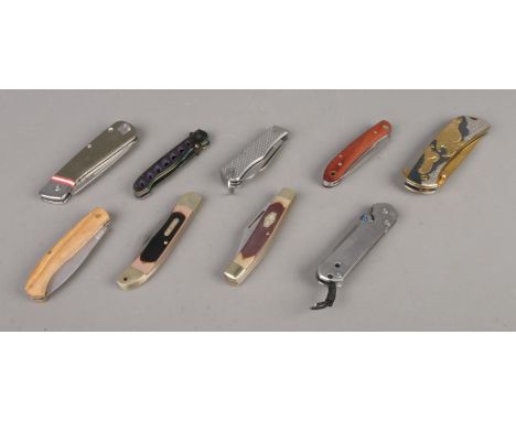 Nine folding pocket knives, to include Gerber, Joker and Old Timer examples. CANNOT POST.