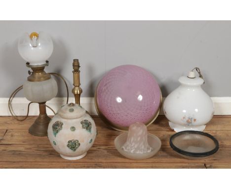 A box of vintage table lamps with other light fittings and shades, including a Legrand brass ceiling fittings with bubble pin