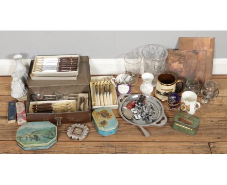 A mixed collection of vintage miscellaneous and collectables, including mother-of-pearl powder compact, three tin boxes, glas