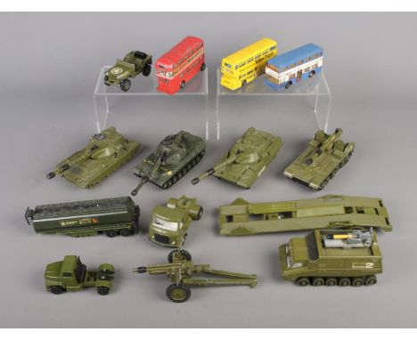 A collection of mostly military themed diecast vehicles to include Dinky Chieftain Tank, Matchbox Super Kings Tanker, 155mm M