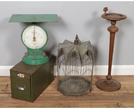 Mixed vintage collection, including cast iron Salter No.55 scales, metal bird cage, Cleveland metal filing drawer and smoker'