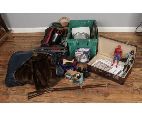 Two boxes of miscellaneous to include costume jewellery, kitchenalia, binoculars, Superhero action figures, knitting patterns