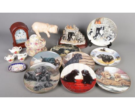 Mixed vintage miscellaneous, including piglet ceramic shelf-sitter figurine, Royal Winton cups &amp; sauces, 1985 Ray Ayres d