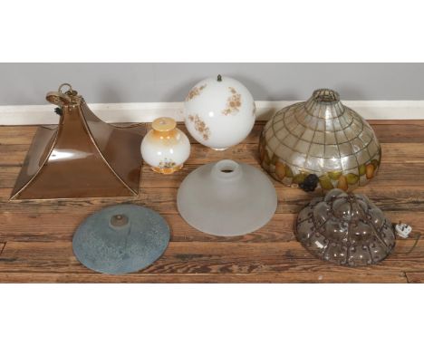 Two boxes of vintage ceiling light fittings with assorted glass light/lamp shades, including a large Tiffany style shade and 