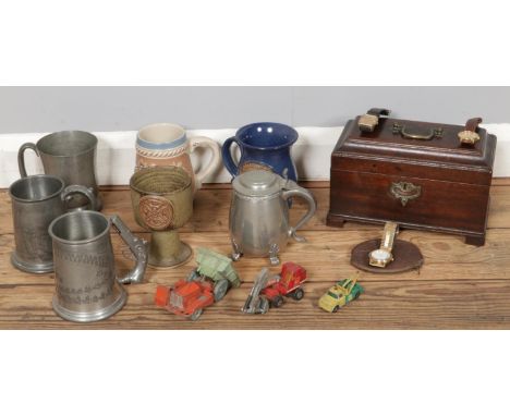 Mixed miscellaneous items, including a Georgian mahogany tea caddy, assorted pottery and pewter mugs and vintage quartz watch