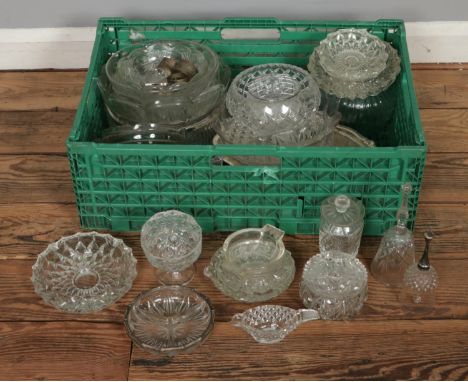 A box of cut glass including fruit bowls, bells, trinket boxes etc.