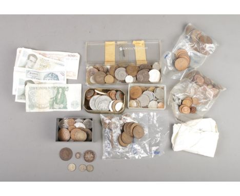 A tin of assorted world coins and notes  to include silver 1911 Australian Florin, silver William IIII four pence, British pr