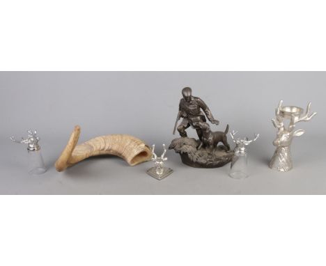 A collection of hunting related items, to include stirrup cups, piece of horn and bronzed Tom Mackie sculpture 'Out with a Gu