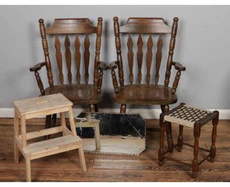 A collection of assorted furniture to include pair of slat back kitchen chairs, two step stool, wall mirror, etc.
