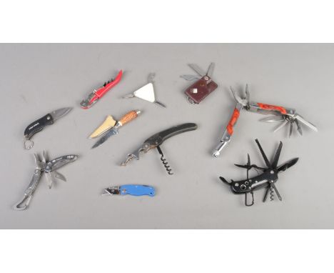 Ten assorted pocket knives and tools. To include triangular, Laithwaites branded, 'True' multi-tool and knife in pouch. CANNO