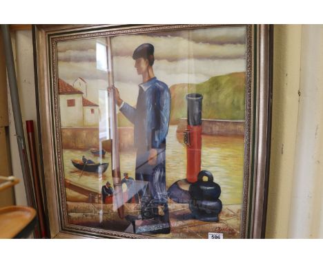 A studio framed oil painting portrait of a Basque fisherman signed