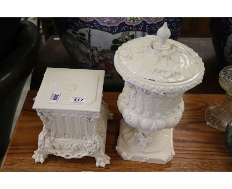 19th Century Creamware ceramic Urn with lid and stand