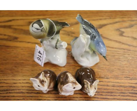 Three Vintage Poole Pottery Mice together with Two German Ceramic Birds