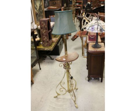 Brass Standard Lamp with Wine Shelf (a/f) and Three Scroll Legs