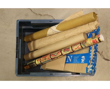 Box of Reproduction Victorian Scraps together with 1930's Window Display Rolled Awarded, Pair Ceramic Finger Plates, Posters 