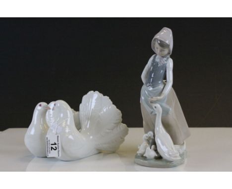Lladro ceramic model of a pair of Doves, marked to base B 10 Ju & another of a Girl feeding Geese
