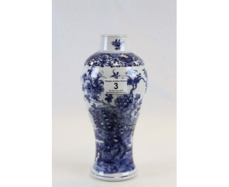 19th century Blue and White Ceramic Baluster Vase with Butterfly and Floral Design with Bridge