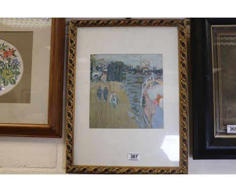 20th century a gilt framed print of a french impressionist scene with figures on a quay side 