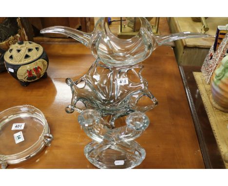 Two Art glass bowls of Naturalistic form and a French double candlestick with etched makers mark to base