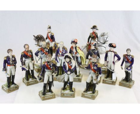 Collection of 13 Meissen style ceramic models of Historic French military figures