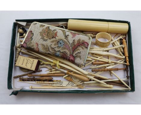 Assorted vintage bone handled knitting needles and sewing ephemera and tools, bone lace pegs, two pairs of bone handled glove