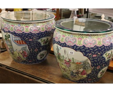 Large pair of vintage Chinese ceramic Fish bowls with glass tops and figurative panels to the sides