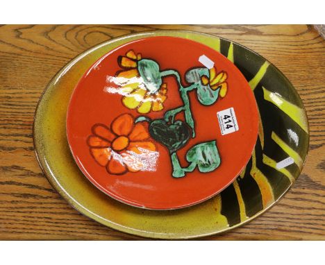 Large Poole Aegean dish with Silhouette Ship design & a shallow Poole dish with floral design on a red ground