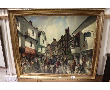 R J Mitchell (20th Century) Signed Oil on Canvas Victorian Street Scene with Shops & Figures, 60 x 75cm in Giltwood Frame