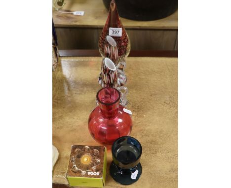 Bubble glass paperweight, pair of glass vases, Cranberry glass vase, Wedgwood glass candlestick by Stennet Wilson and a boxed