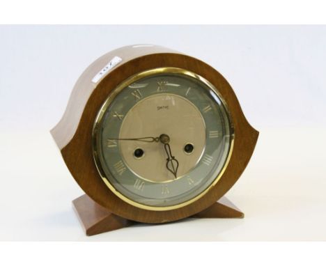 Art Deco Smiths eight day mantle clock, circular cream face with duck egg blue chapter ring, silvered Roman numerals and poke