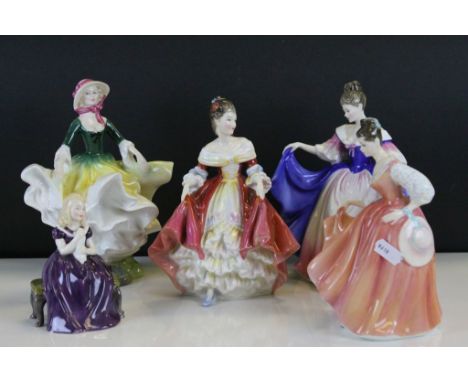Five Royal Doulton ceramic figurines to include; Hn2835 Fair Lady, HN3308 Sara, HN2740 Becky, HN2235 Affection, HN2229 Southe