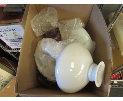 A box containing a selection of mostly Victorian oil lamp shades including cranberry and opaque examples