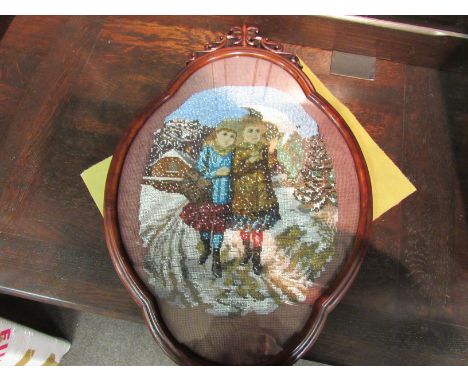 A Victorian bugle beadwork embroidery of two girls in winter, framed and glazed, 34cm x 28cm image size