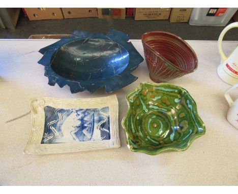 Three Studio pottery bowls an a dish including Mary Gibson Horrocks fan vase (4)