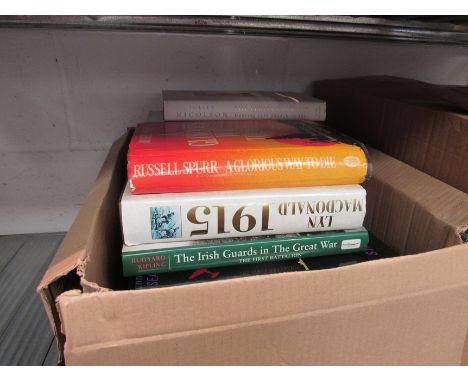 Two boxes of military interest books, mainly WWI &amp; WWII, including 'The Irish Guards in the Great War - First and Second 
