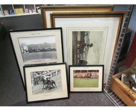 Three framed horse racing photographs, two 19th Century hand-coloured Ackermann prints;"Taking Up a Passenger" and "Arriving 
