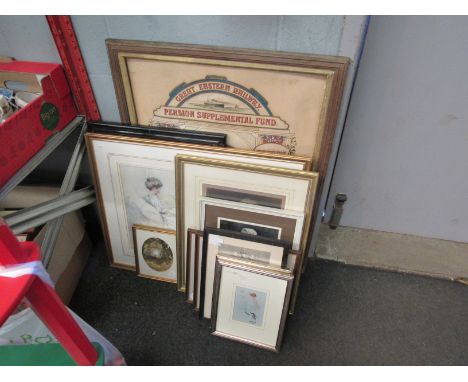 A mixed lot of pictures and prints including glamour, after E. Van Goethem; print of a lady reading. Princess Royal, etc., to