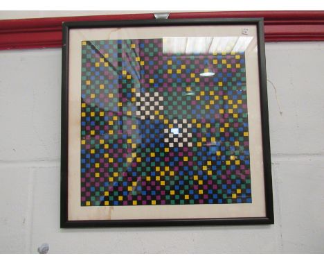 An Ian Tyson modern design cubic print, pencil signed and titled 'Sighting II', framed and glazed, water damaged, 30cm x 30cm