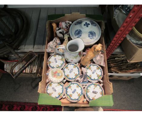 A box containing an Italian ceramic jug and bowl set, ceramic animals and a blue and white large lidded bowl