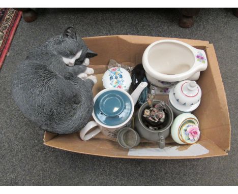 A mixed lot including Poole dolphin, Crown Clarence teapot, polished stone egg etc. Arthur Wood ceramic miniature toilet bowl