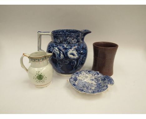 Four pieces of pottery including Prattware jug and blue and white pickle dish 