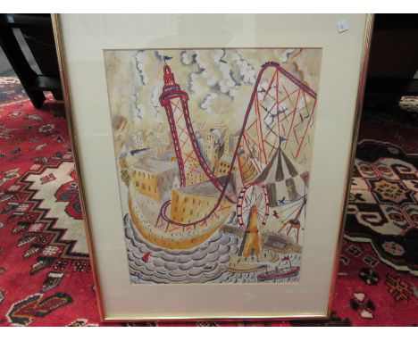 F. ASHWORTH (XX): A gouache of Blackpool entitled "Have fun at Blackpool", stylised scene of fairground and tower, framed and