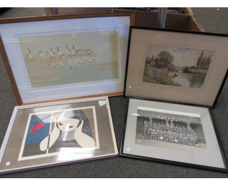 A Japanese print, a military photograph, a limited edition print of geese by Rosalind Phillips, plus a countryside watercolou
