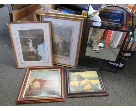 A pair of reproduction "Country Girl" Pears prints, framed and glazed, a print of a race horse, two oleographs of animals and