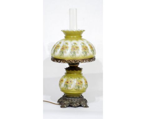 VICTORIAN GAS LAMP-STYLE ELECTRIC TABLE LAMP, with lobed white opaque glass body and mushroom shade, painted with sunflowers 