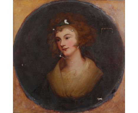AFTER GEORGE ROMNEY (19th CENTURY) OIL PAINTING ON CANVAS Portrait of Emma Hamilton, in a painted circle Inscribed 'Kew' to r