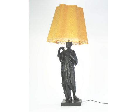 LARGE BRONZED METAL FIGURAL TABLE LAMP in the form of a maiden in classical robes standing on a plinth base entitled "Diane d