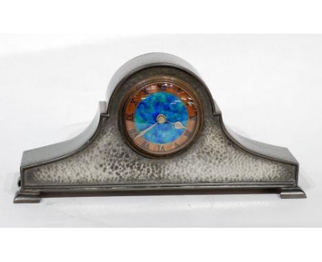 EARLY 20th CENTURY 'TUDRIC' PLANISHED PEWTER CASED DOME TOP MANTEL CLOCK with French movement, the dial with Kingfisher blue 