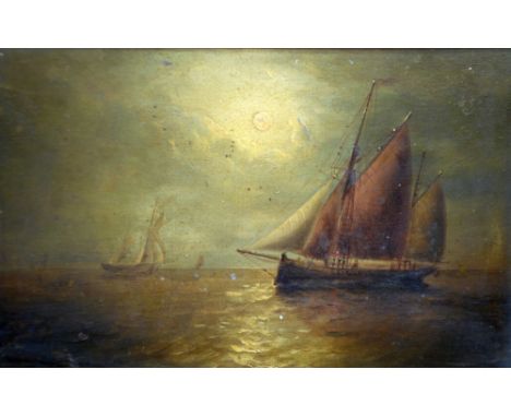 BRITISH SCHOOL (LATE 19TH CENTURY) OIL PAINTING ON MILL BOARD Fishing boats by moon light 7 3/4" x 11 3/4" (19.5 x 30cm)