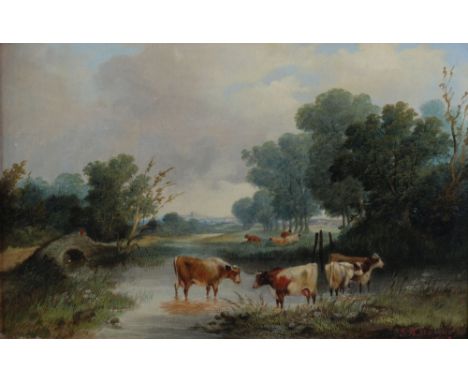 S. R. BARNES (19th CENTURY) OIL PAINTING ON BOARD Cattle at water in a rural landscape Signed and dated 1863 9 1/4" x 14" (23
